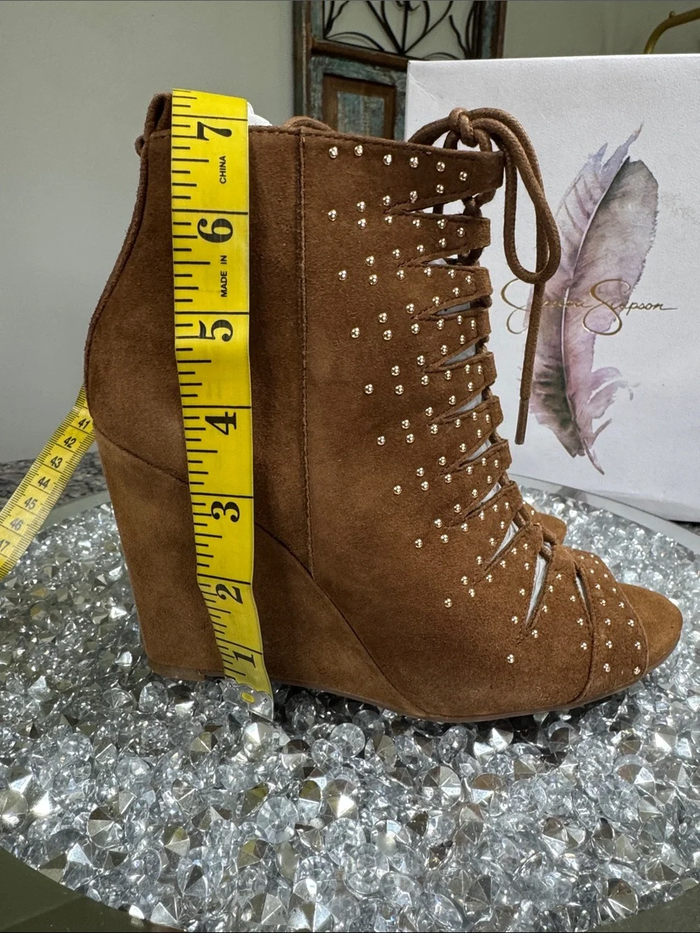 Jessica Simpson Brown Suede Lace-Up Studded Wedge Sandals NEW 6.5